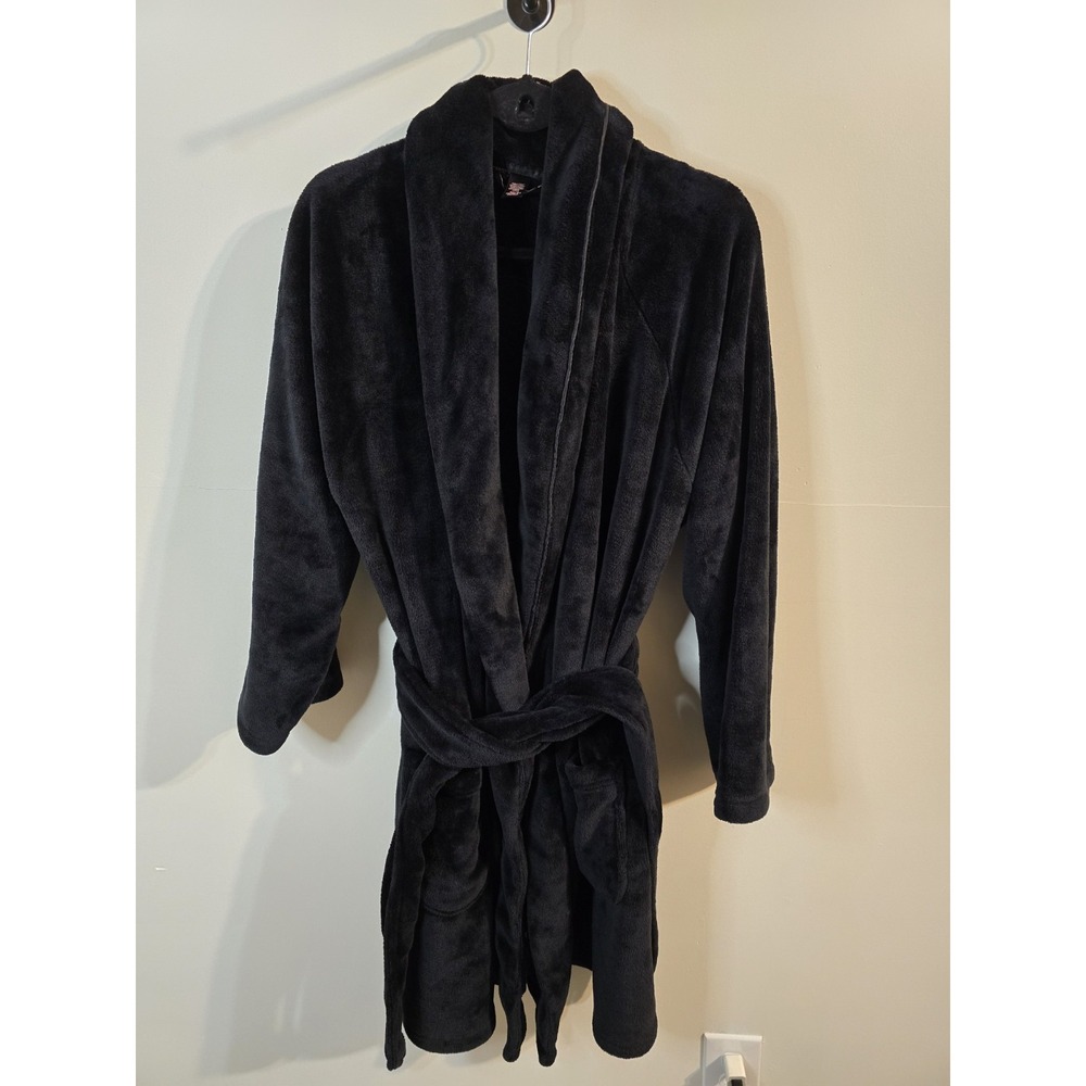 Victoria's Secret Short Robe Plush‎ Embroidered Black Housecoat M/L